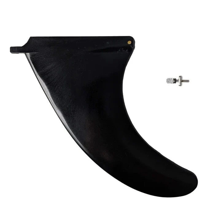 Black surfboard fin with a screw on a white background