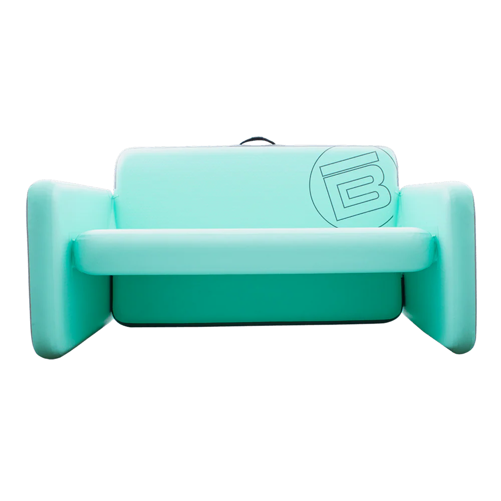 Turquoise inflatable pool float with a logo on a white background