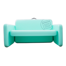 Turquoise inflatable pool float with a logo on a white background