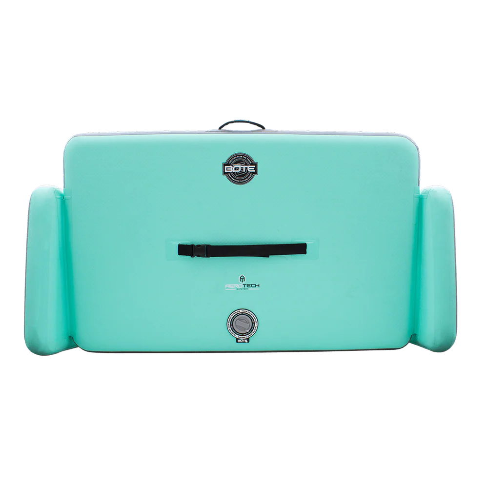 Turquoise inflatable chair with brand logo on a white background