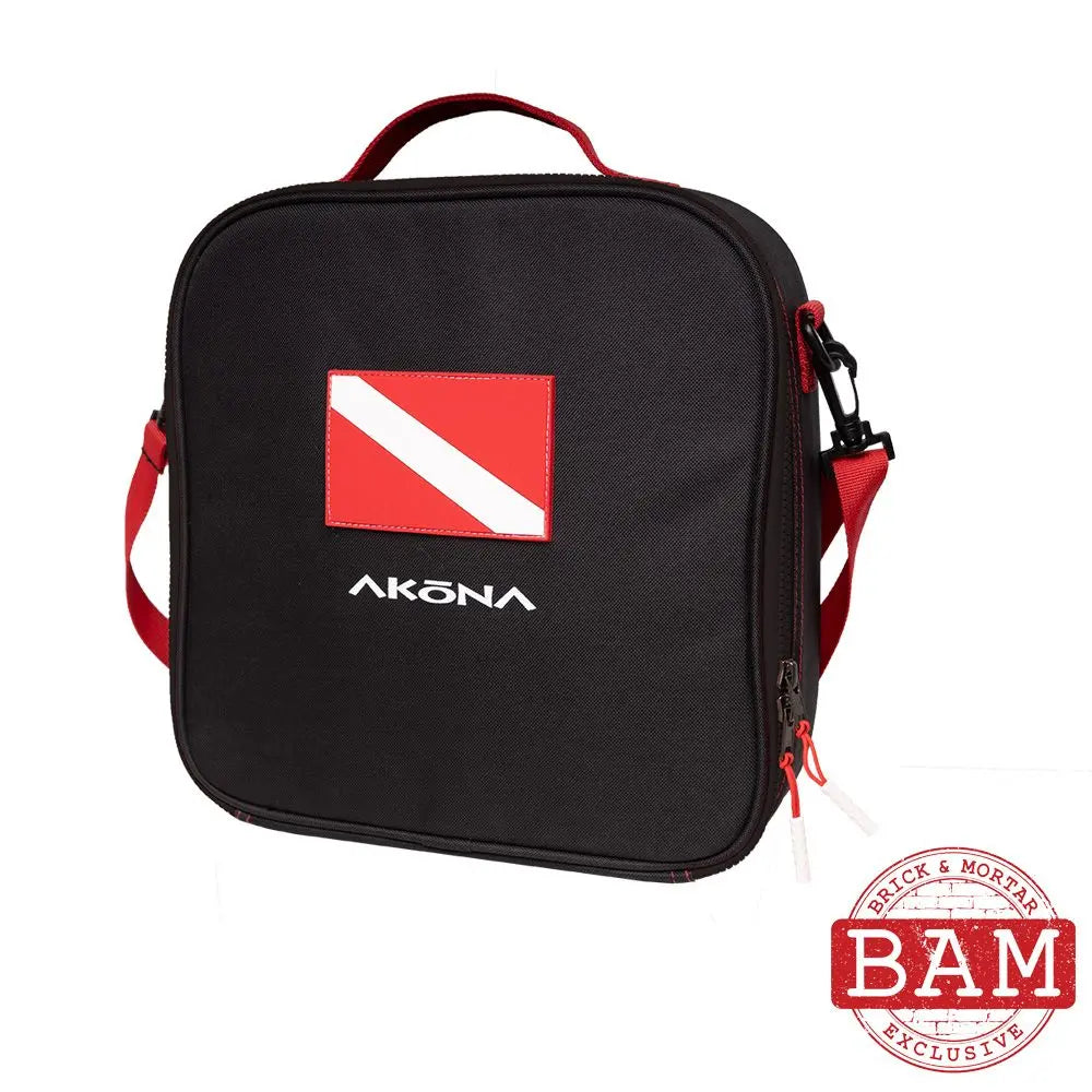 Black bag with a red and white diver's flag and 'Akona' branding on a white background.
