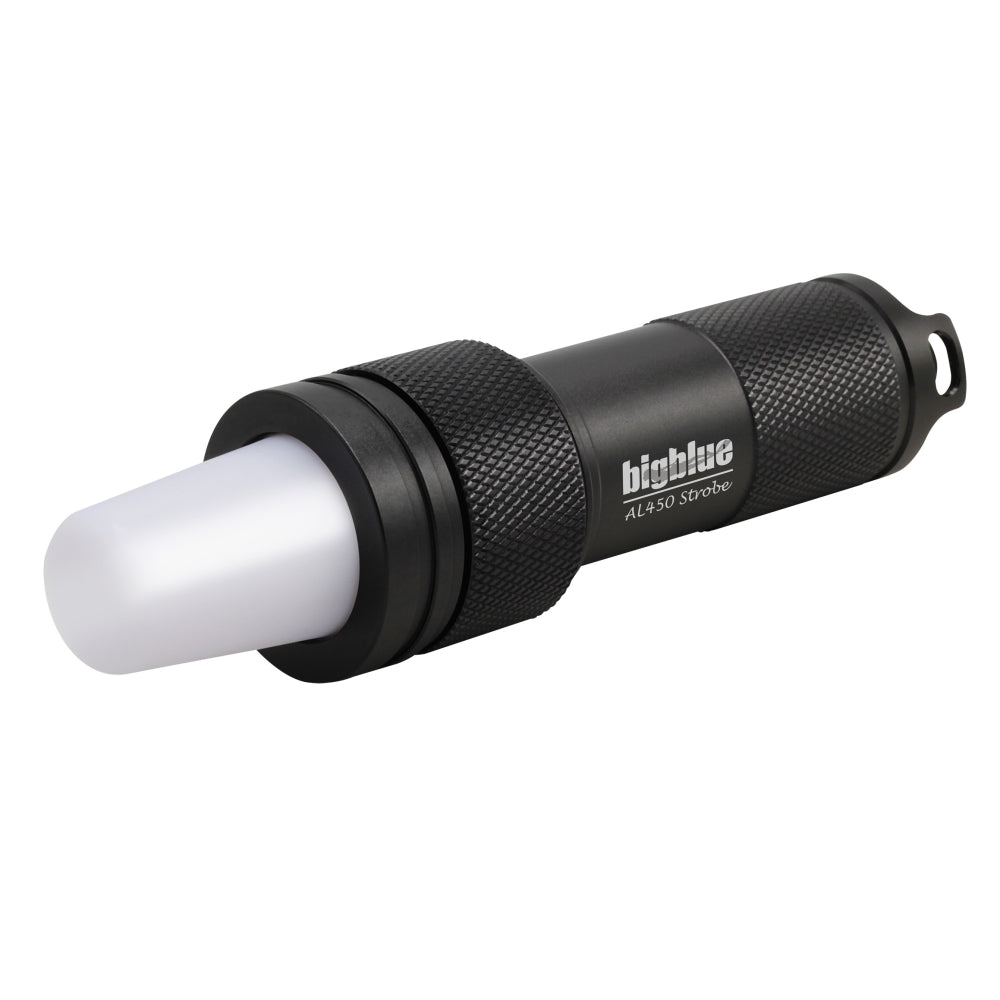 Black flashlight with white bulb on a white background