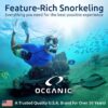 Oceanic snorkeling gear with a person underwater, featuring text about a 5-year warranty.