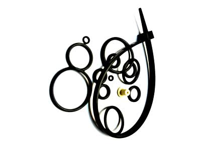 A set of black rubber O-rings and a small brass pin, arranged on a plain white background.