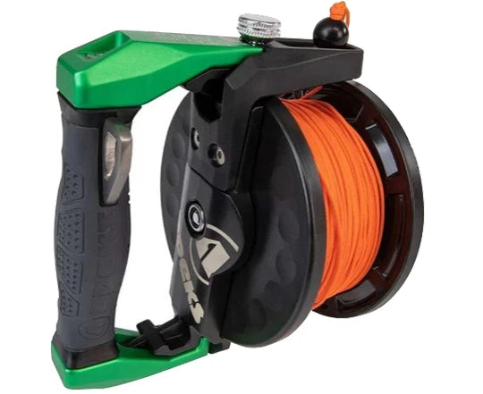 Green and black reel with orange cable on a white background