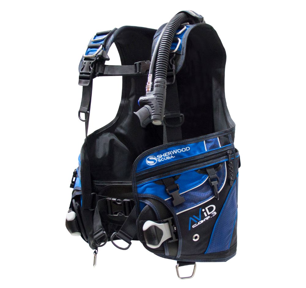 Black and blue diving vest with Sherwood and Avid logos on a white background