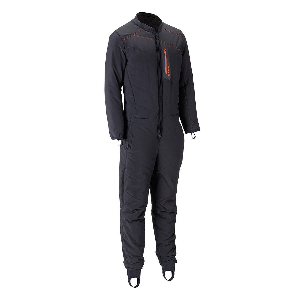 Black jumpsuit with orange accents on a white background