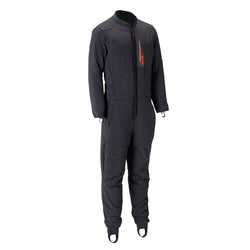 Black jumpsuit with orange accents on a white background
