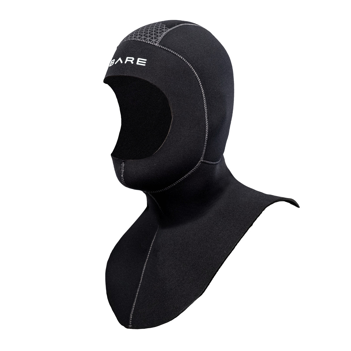 Black wetsuit hood with 'BARE' branding on a white background