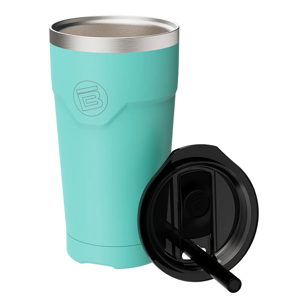 Turquoise tumbler with black lid on a transparent background