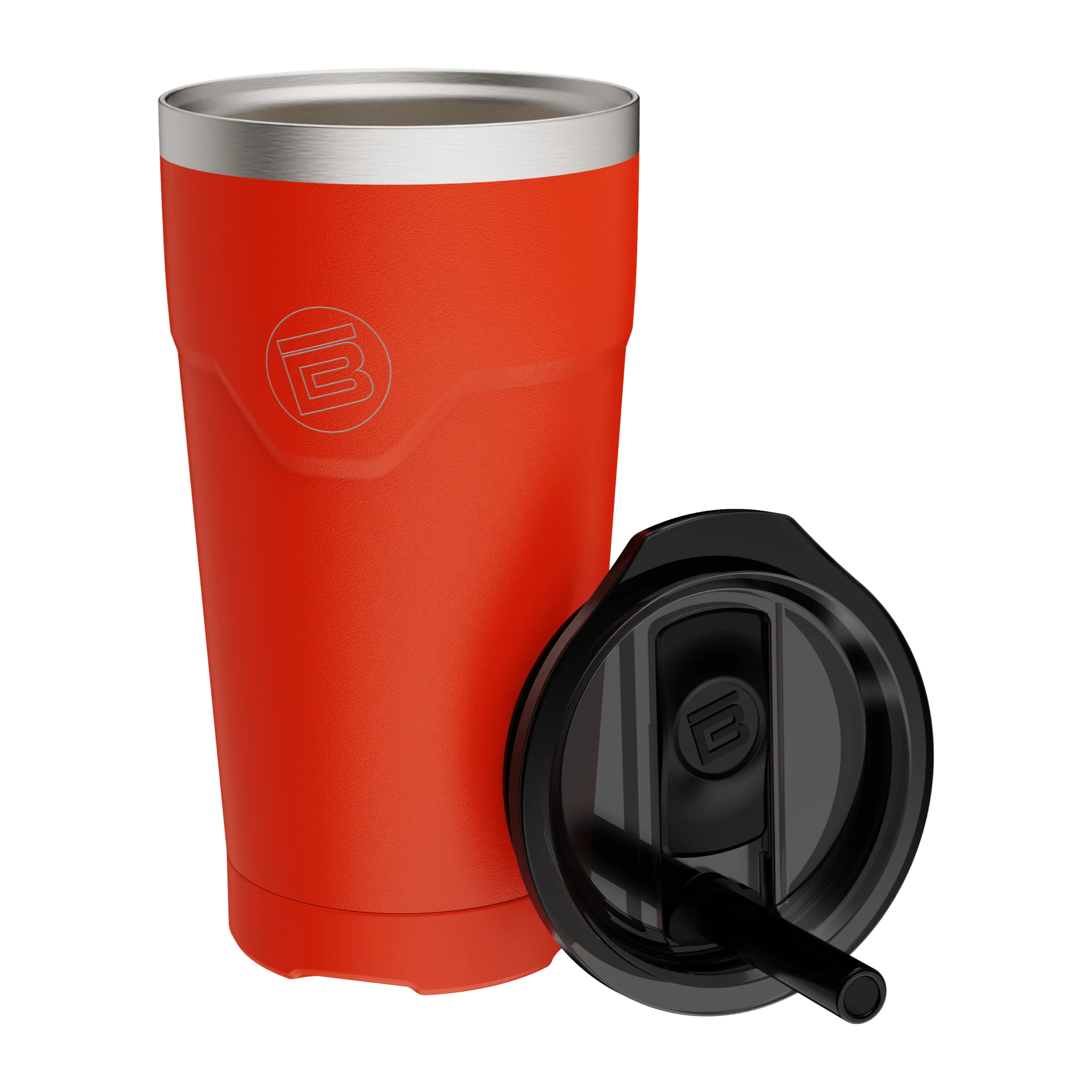 Red insulated tumbler with a black lid on a white background