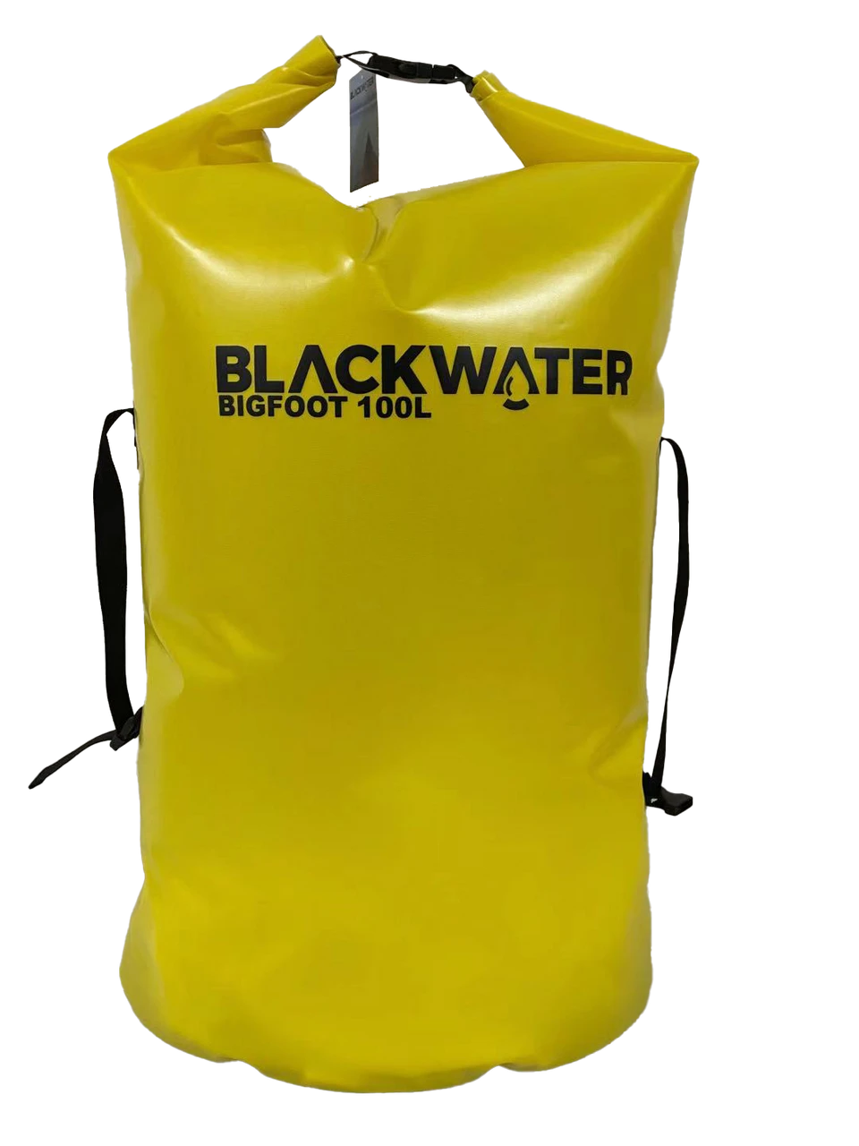 Yellow dry bag with 'Blackwater Bigfoot 100L' branding on a white background