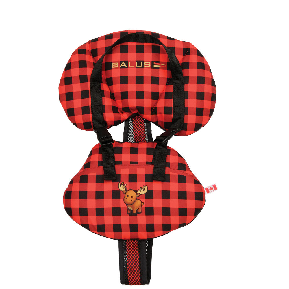 Red and black checkered child safety seat with Salus branding on a white background
