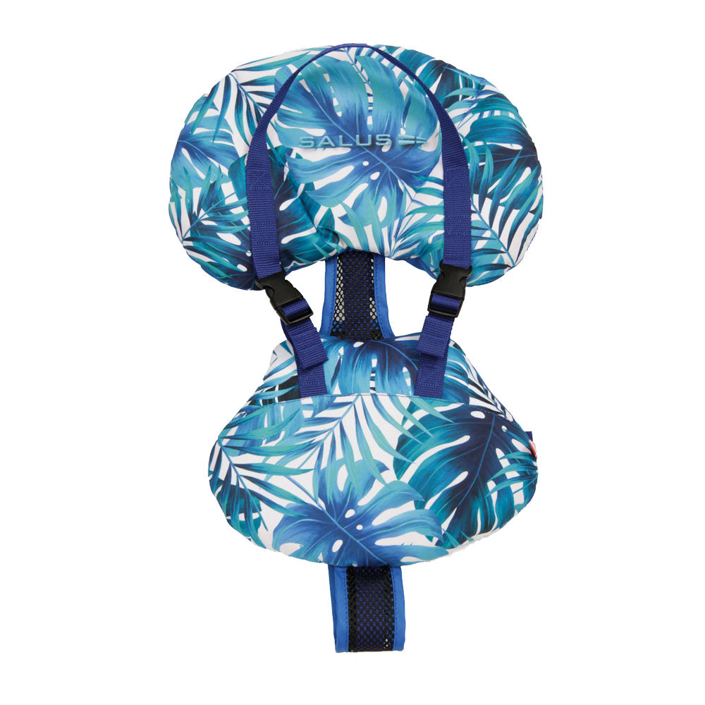Blue and white leaf-patterned life jacket on a white background