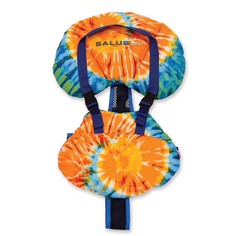 Tie-dye life jacket with blue straps on a white background