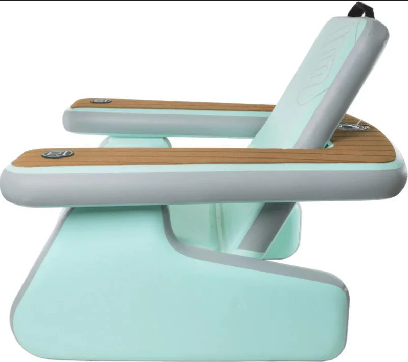 Foldable chair with wooden seat and light blue base on a white background