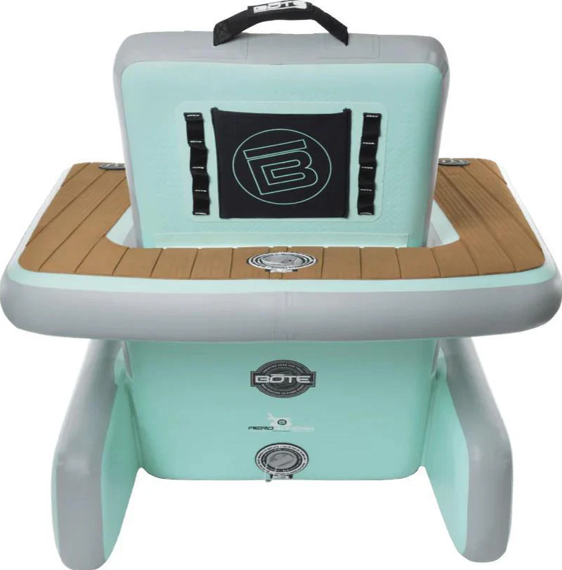 Portable stool with a cooler on top, featuring brand logos, on a white background