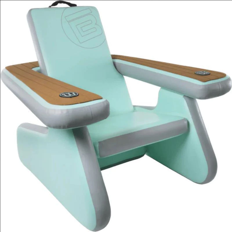 Light blue and gray chair with wooden armrests on a white background