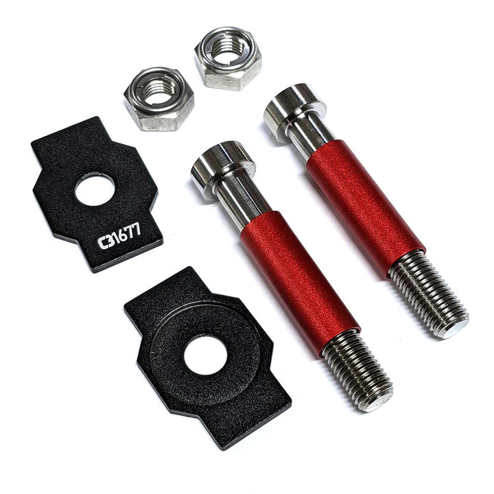 Set of red and silver mechanical components on a white background