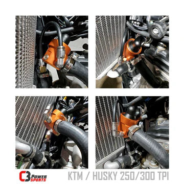 Collage of KTM Husky 250/300 TPI motorcycle parts with orange connectors.