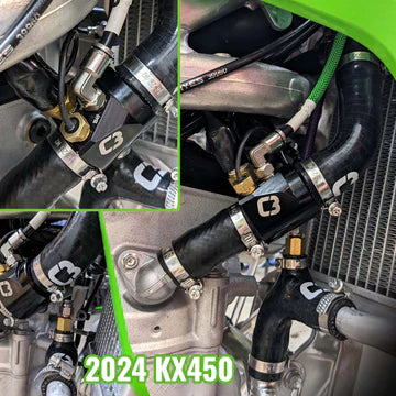 Close-up of motorcycle components with '2024 KX450' text on a green background