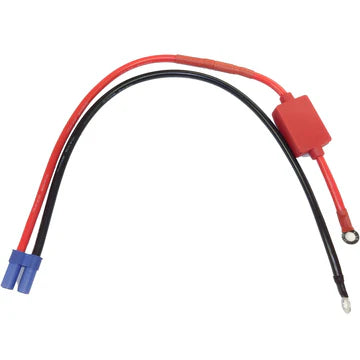 Battery connector with red and black wires on a white background