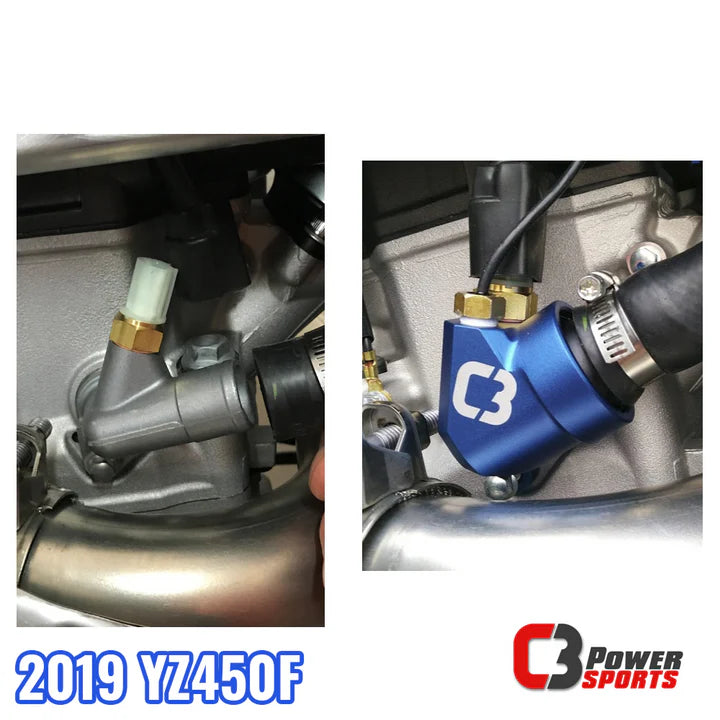 Close-up of a mechanical component with a blue part labeled 'C3 Power Sports' on a white background.