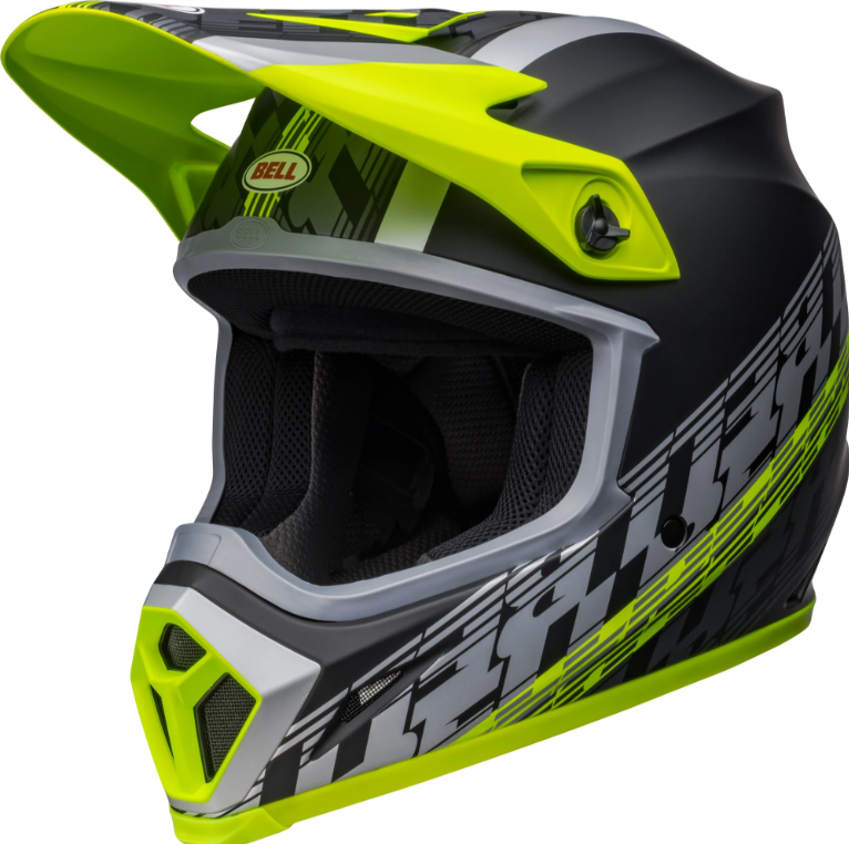 Motocross helmet with black, gray, and yellow design on a white background