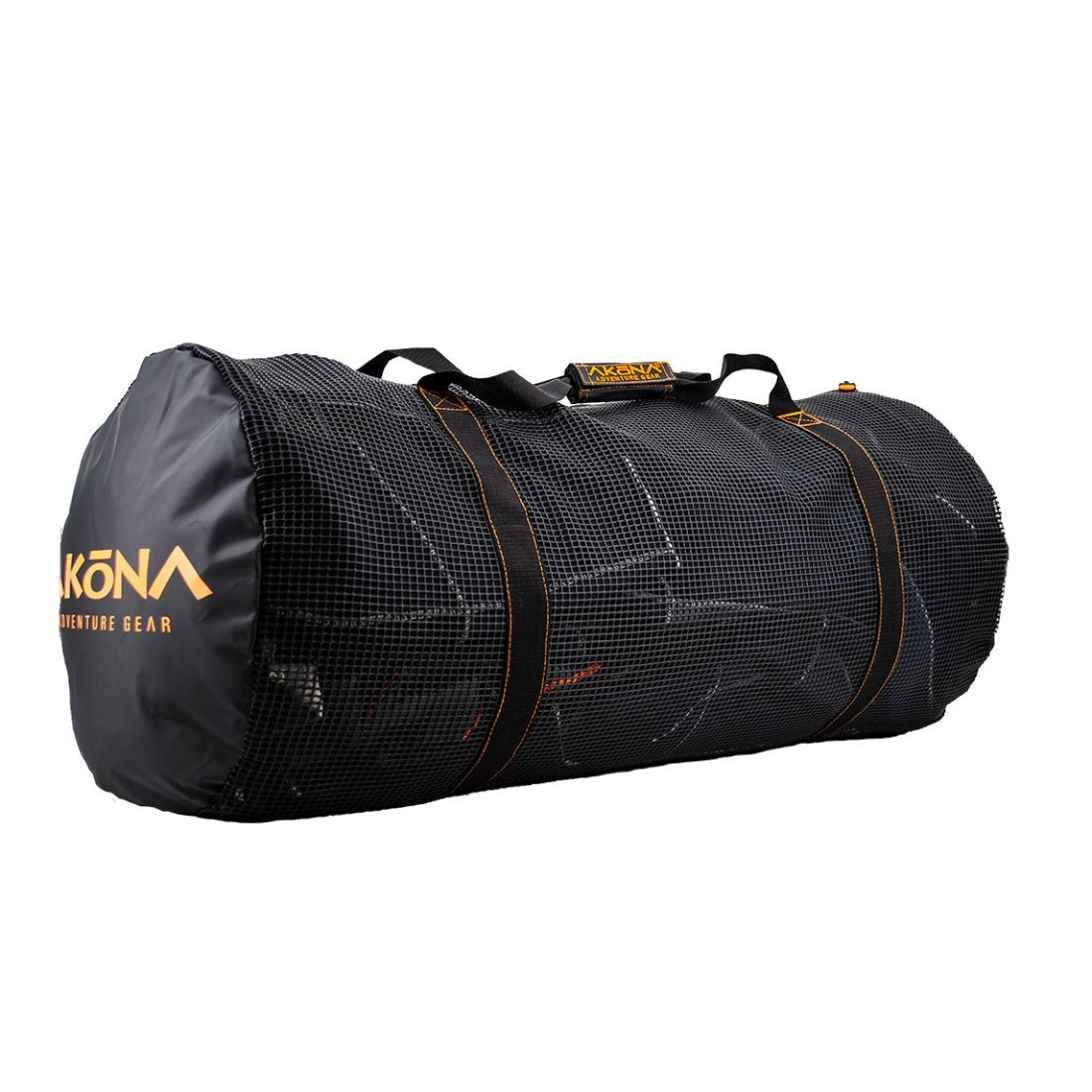 Black duffel bag with grid pattern and Kona Adventure Gear branding on a white background