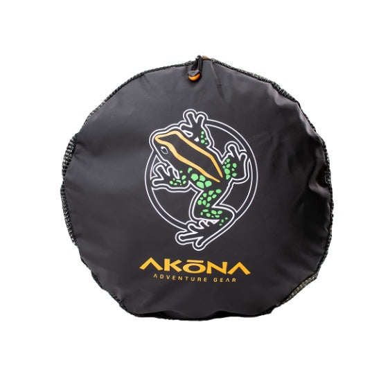Black cover with a frog design and 'Akona Adventure Gear' text on a white background