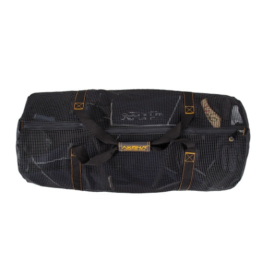 Black mesh duffel bag with carrying handles on a white background