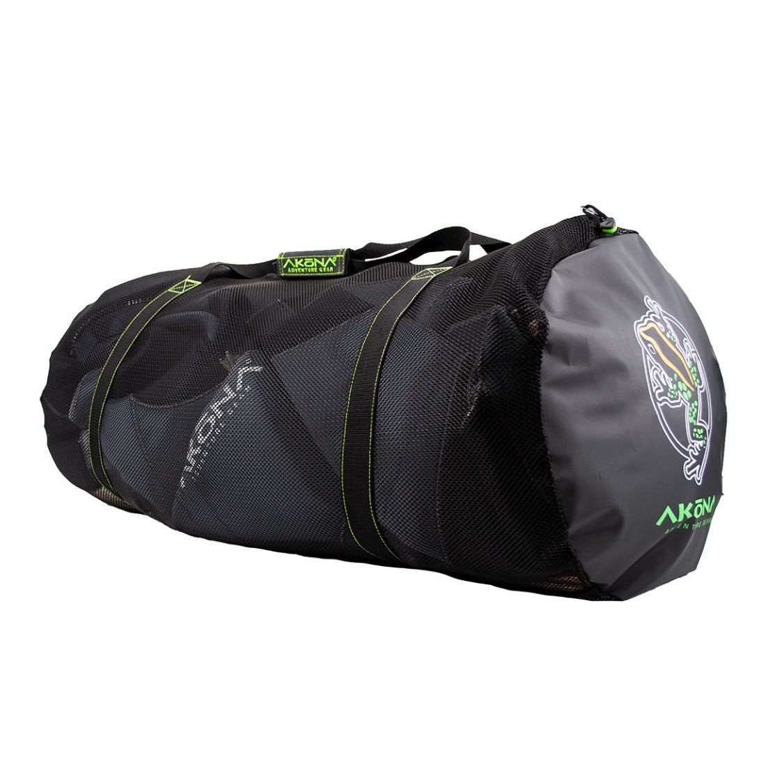 Black duffel bag with green accents and visible branding on a white background