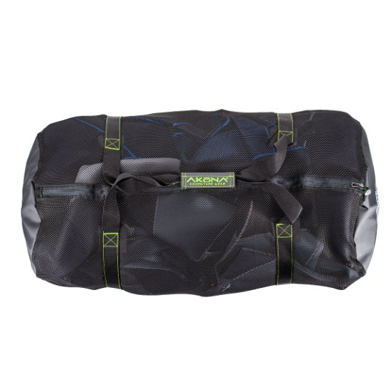 Black duffel bag with green accents on a white background