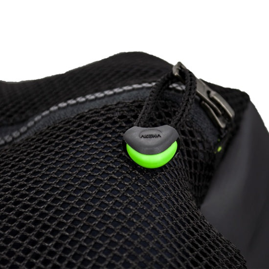 Close-up of a black mesh bag with a green LED light and 'Azeem' branding.