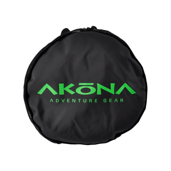 Black bag with green 'Akona Adventure Gear' logo on a white background