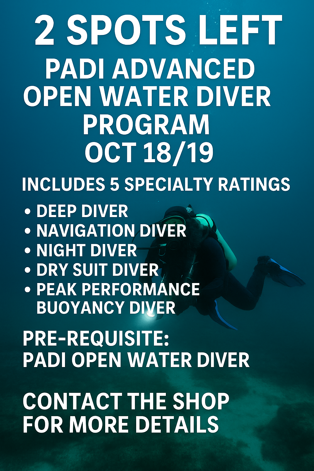Advertisement for PADI Advanced Open Water Diver Program with a diver silhouette in the background.