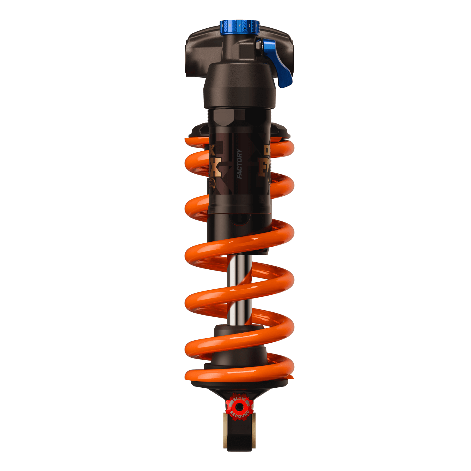Motorcycle shock absorber with orange spring and black housing on a white background