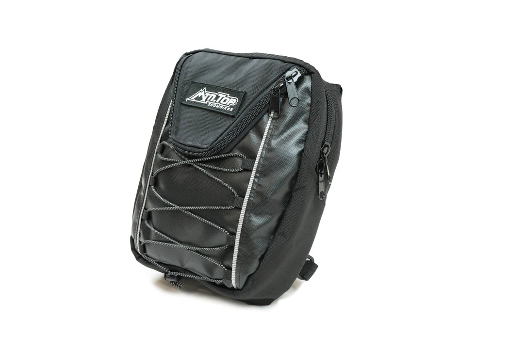 Black backpack with a brand logo on a white background