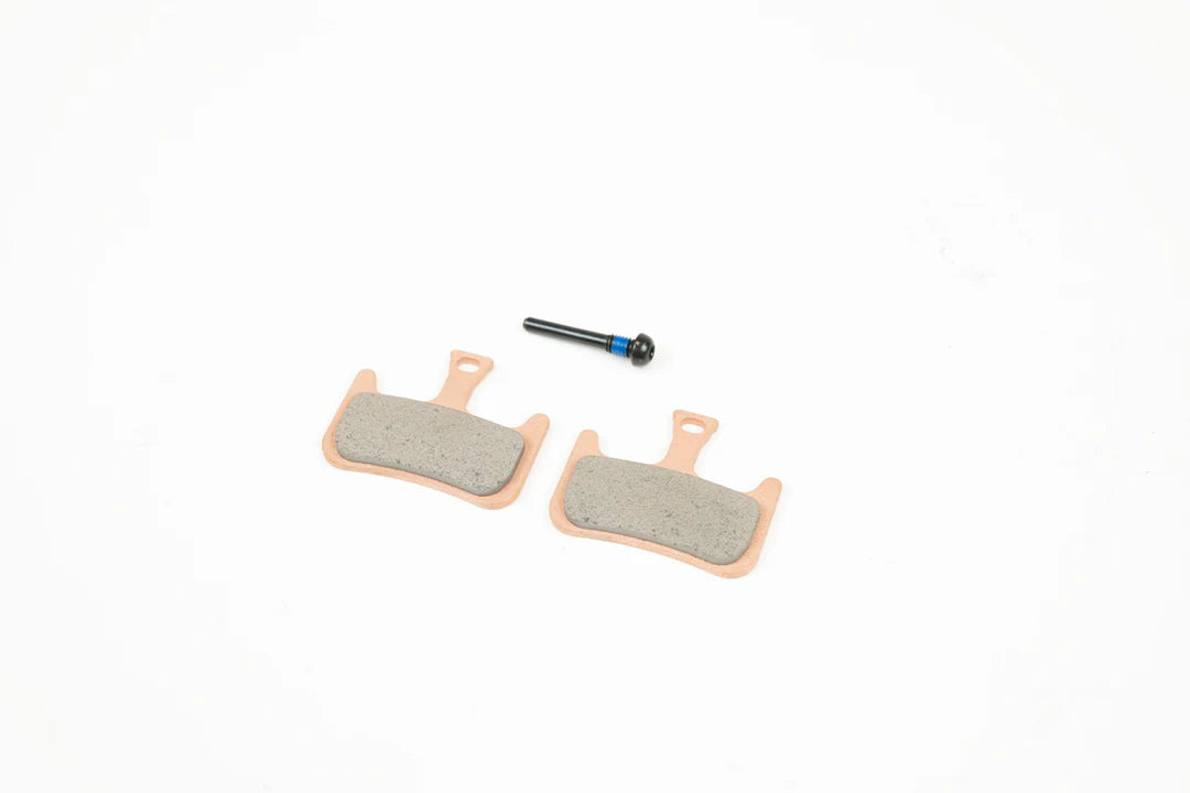 Two brake pads with a screw on a white background