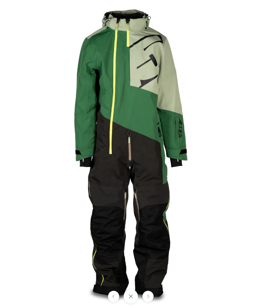 Green and black snowsuit with a yellow zipper on a white background
