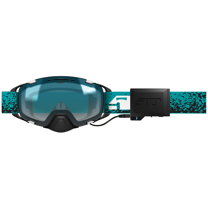 Front-facing snow goggles with a teal-tinted lens, black frame, and a black-and-teal patterned strap with a black buckle, shown on a plain white background.