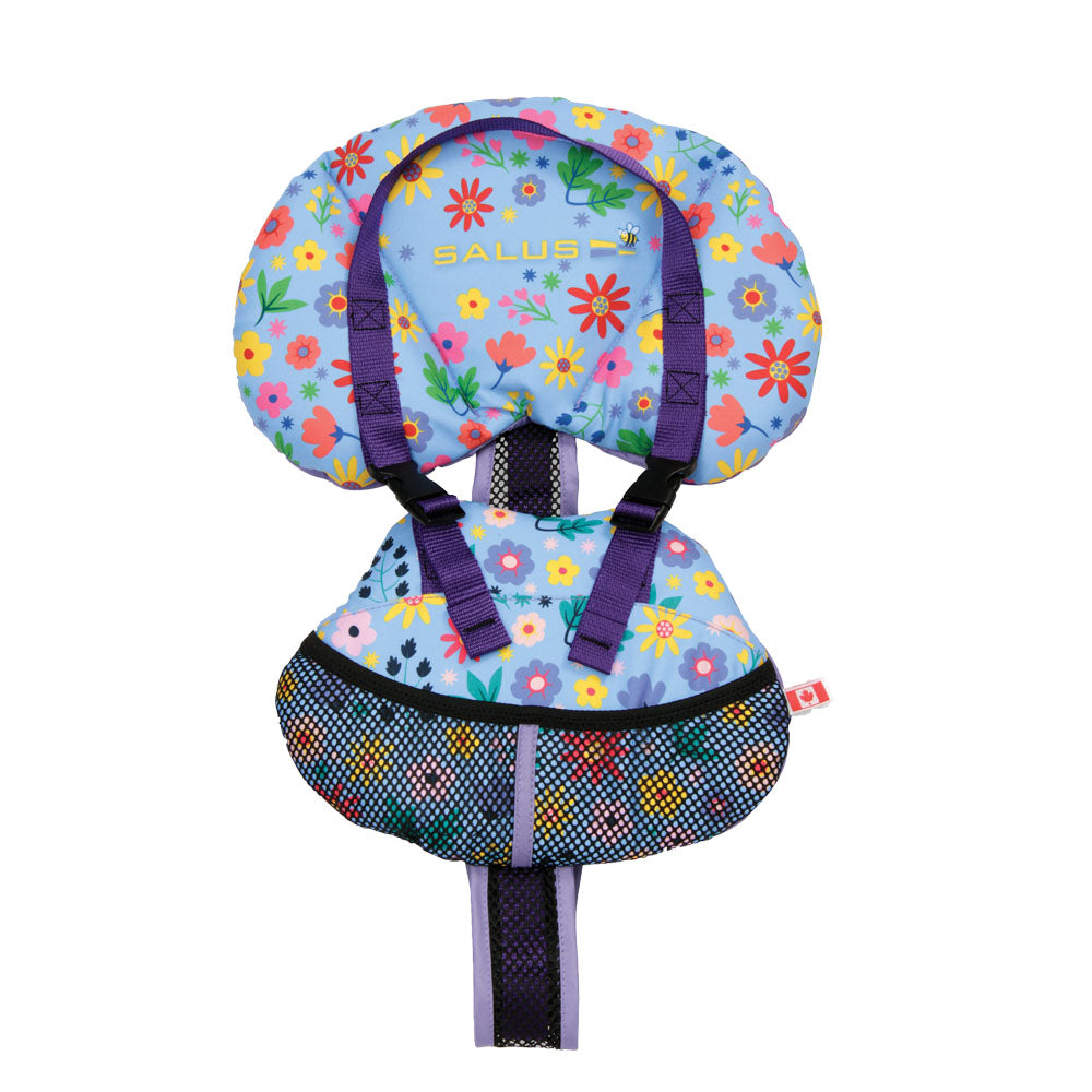 Children's life jacket with floral pattern on a white background