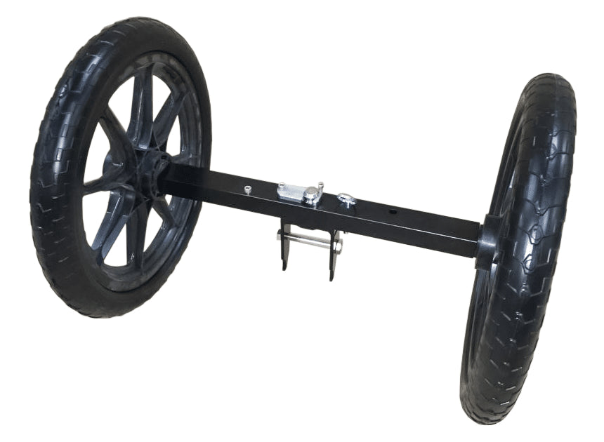 Two large black wheels attached to a metal frame on a white background