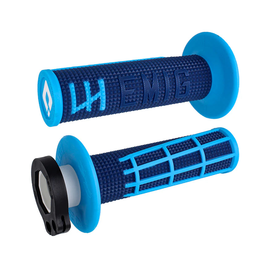 Blue motorcycle grips with textured surface and brand logo on a white background