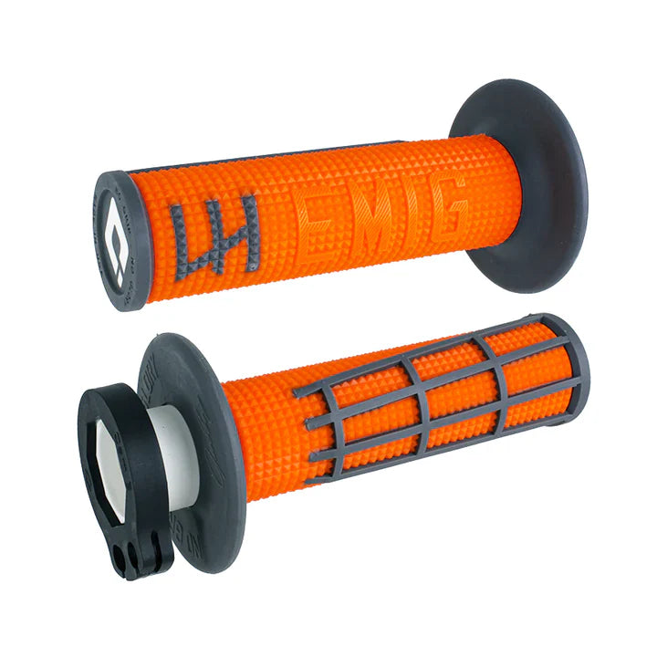 Orange motorcycle grips with black ends on a white background