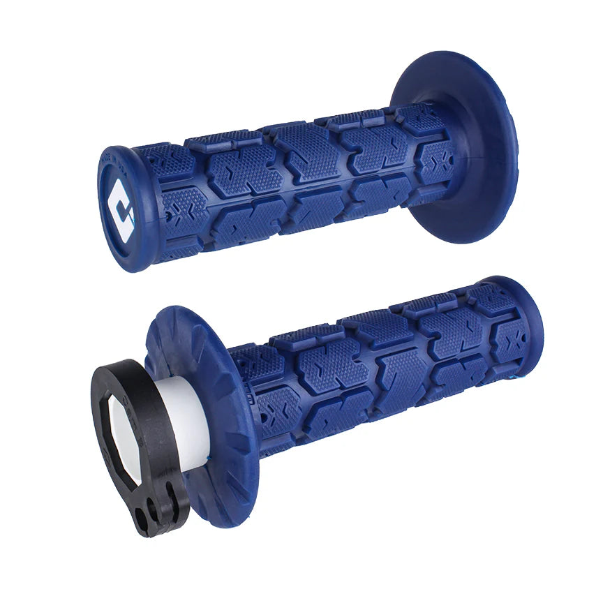 Pair of blue motorcycle grips on a white background