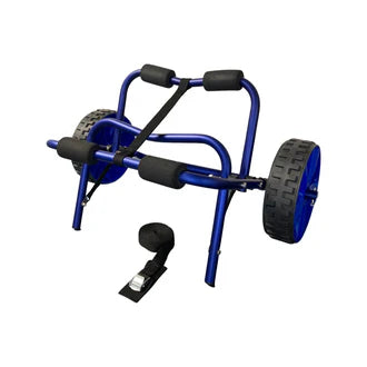 Blue and black cart with wheels on a white background