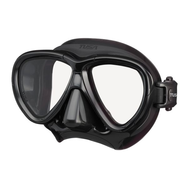 Black diving mask with TUSA branding on a white background