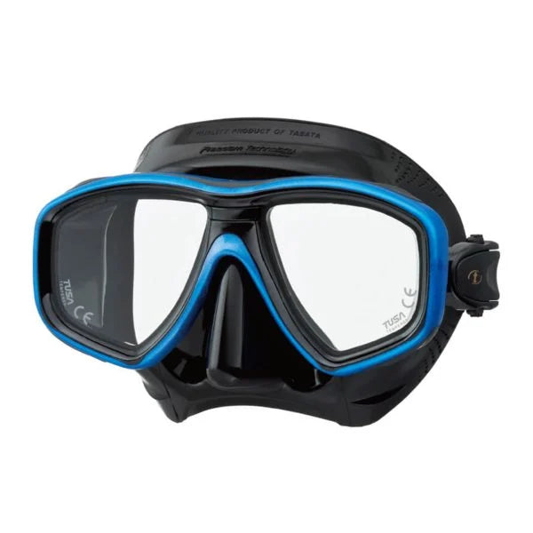A black and blue scuba diving mask with clear lenses, shown from a three-quarter angle on a white background.