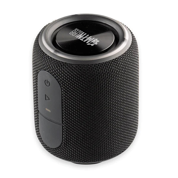 Black portable speaker with visible brand logo on a white background